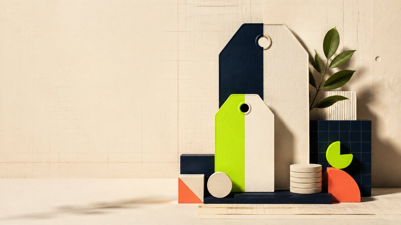 Abstract price tags and geometric forms representing smart savings